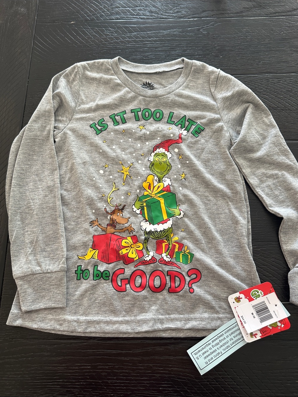 Dr. Seuss Gray Long-Sleeve Grinch Holiday Tee with Green & Red Accents